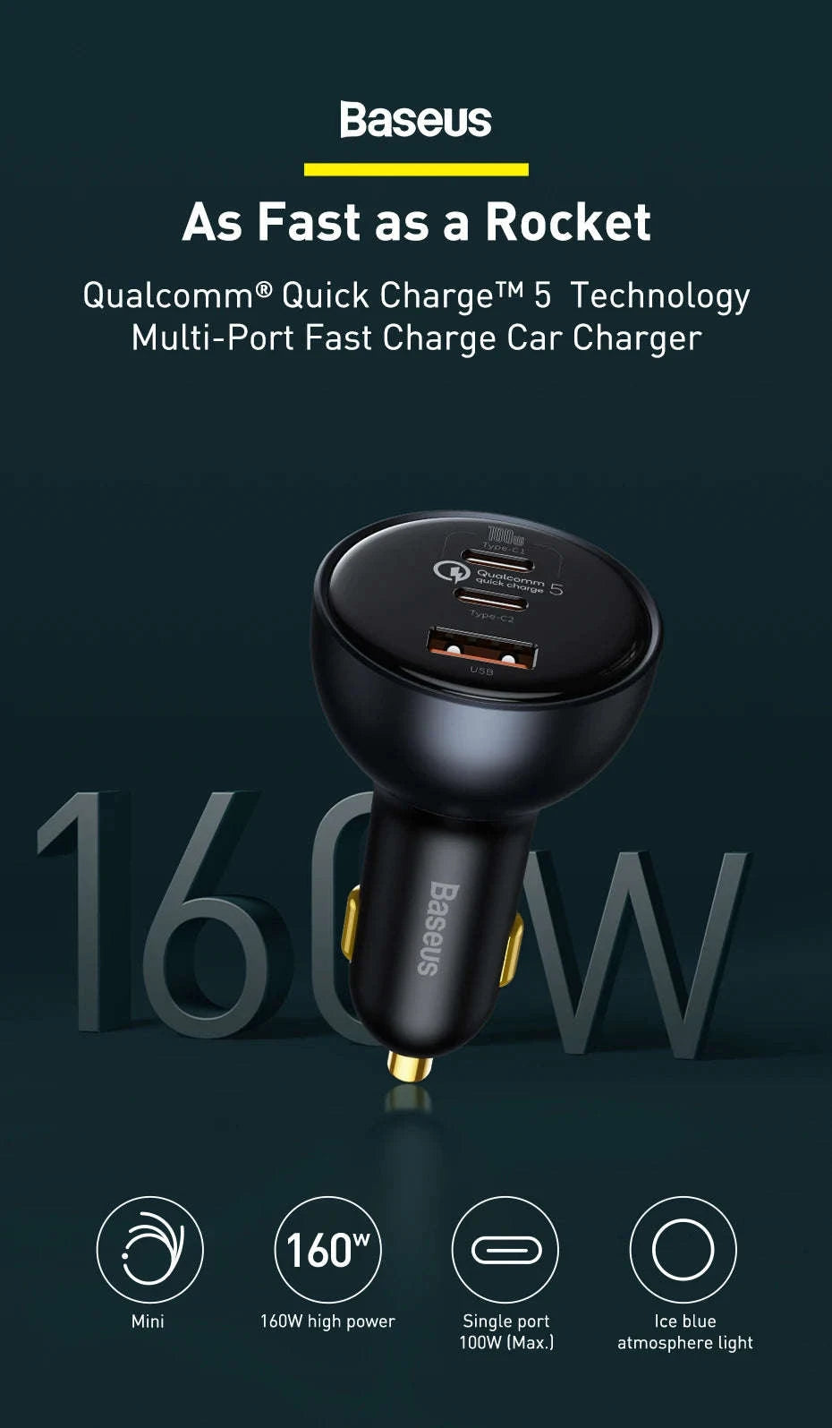160W Fast Car Charger QC5 PD3.0 USB-C Dual Port for Phones & Laptops-without Cable