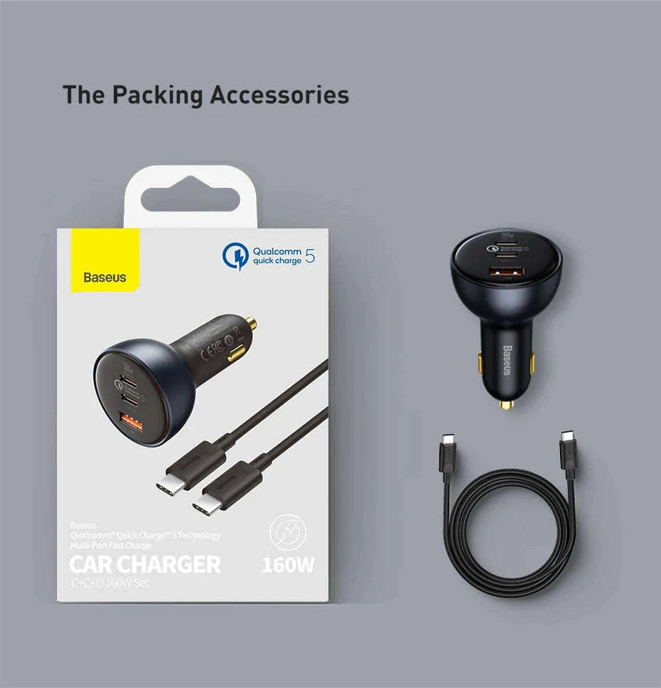 160W Fast Car Charger QC5 PD3.0 USB-C Dual Port for Phones & Laptops-without Cable