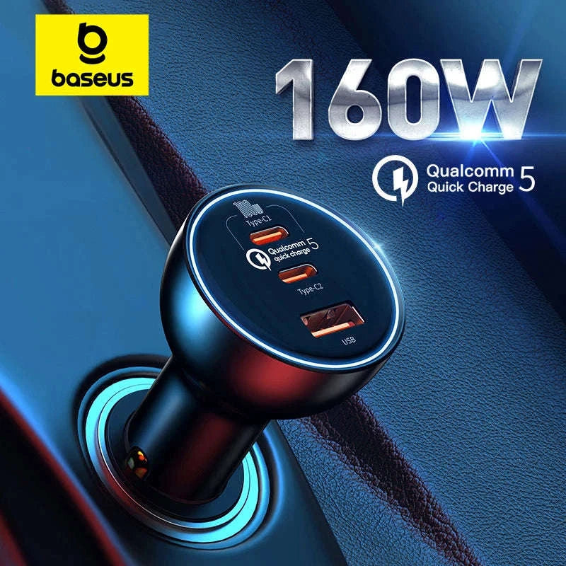 160W Fast Car Charger QC5 PD3.0 USB-C Dual Port for Phones & Laptops-without Cable