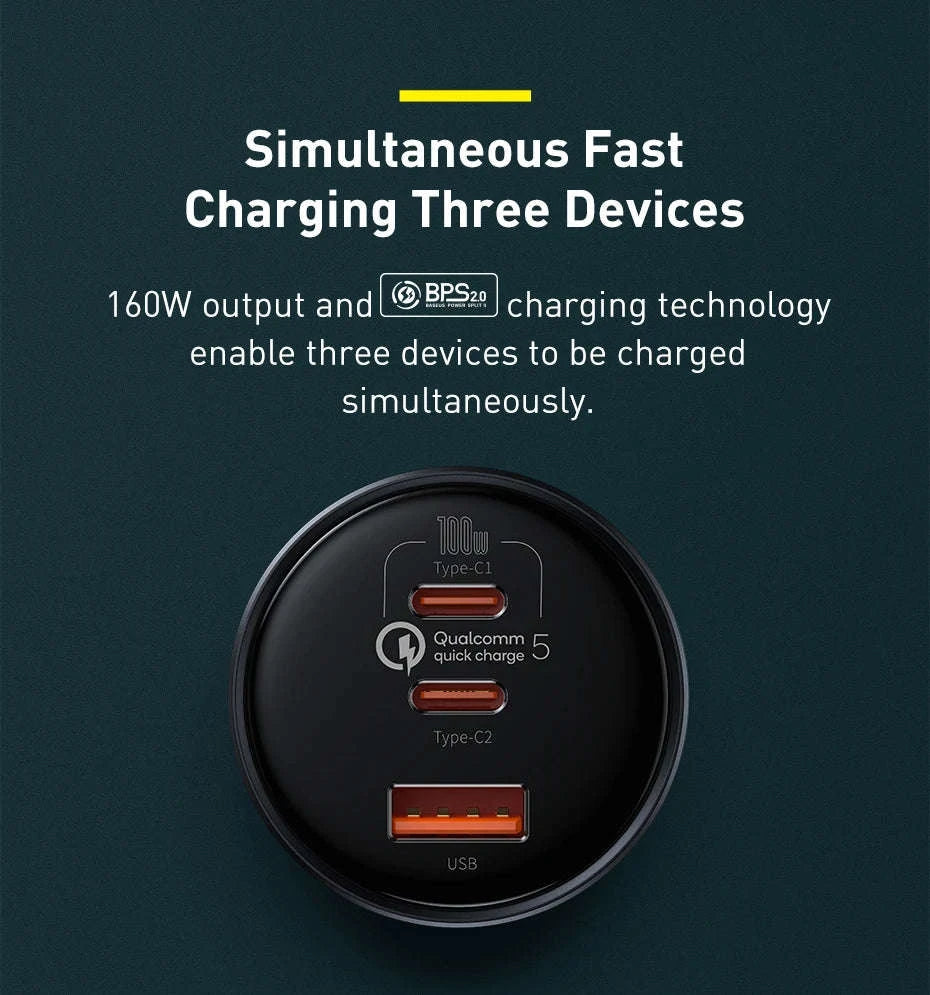 160W Fast Car Charger QC5 PD3.0 USB-C Dual Port for Phones & Laptops-without Cable