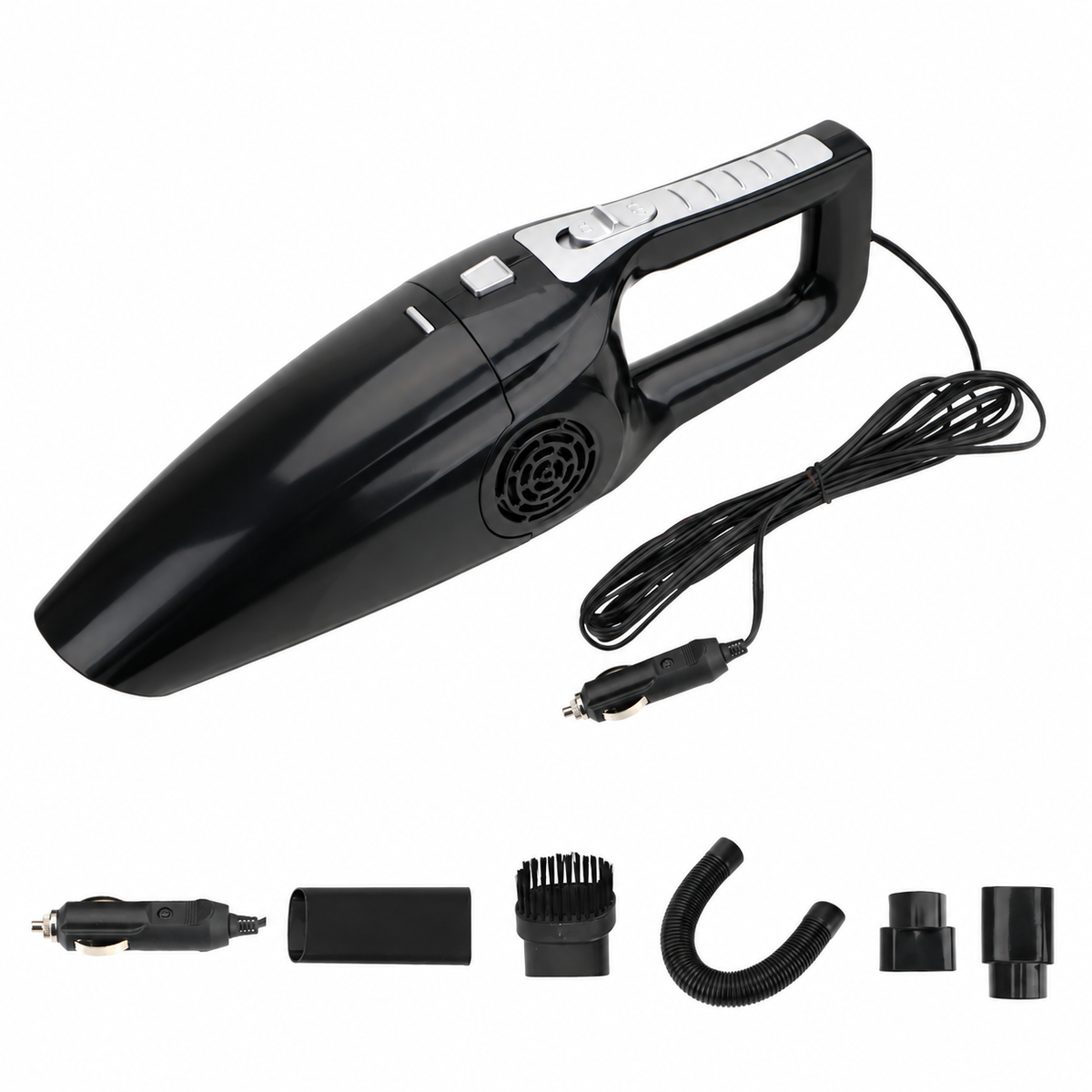 12 V car vacuum with power cable and attachment details