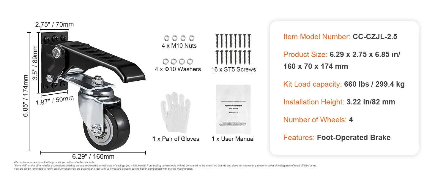 165 lb Side‑Mounted Workbench Caster Wheels (Set of 4) 2.5" Retractable-4 pcs / UNITED KINGDOM