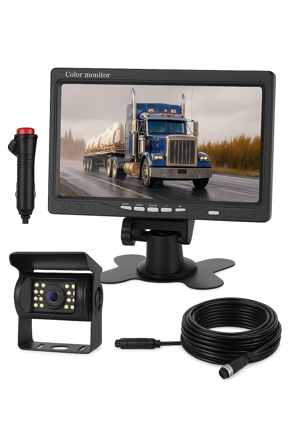 17,78 cm Monitor Heavy-Duty 4-Pin Kabel Auto 18 LEDs Rückfahrkamera-Set mit Monitor für Wohnmobil Bus Lastwagen Anhänger 12V/24V