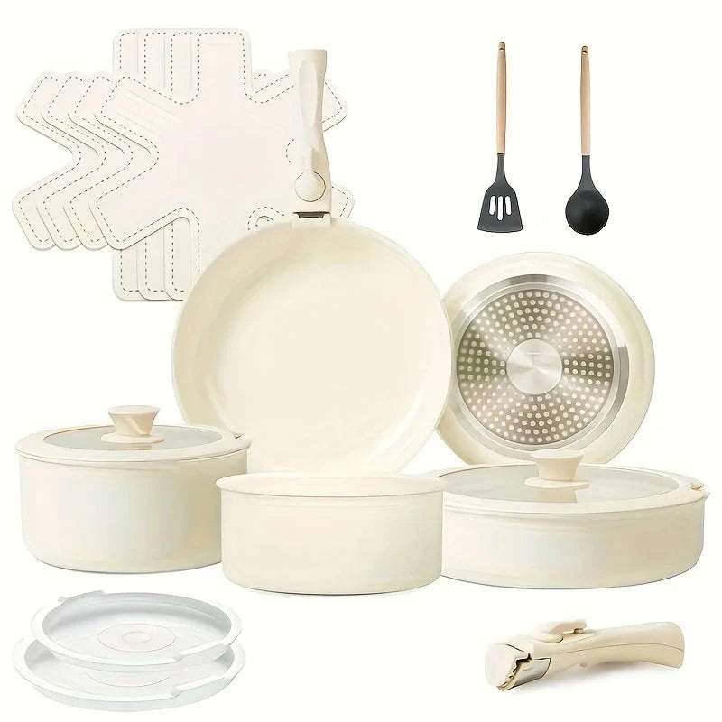 17-Piece Ceramic Nonstick Cookware Set with Removable Handles-United States / Cream