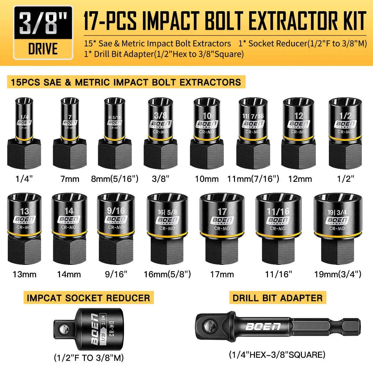 17-Piece Impact Bolt Extractor Kit for Damaged Bolts-United States