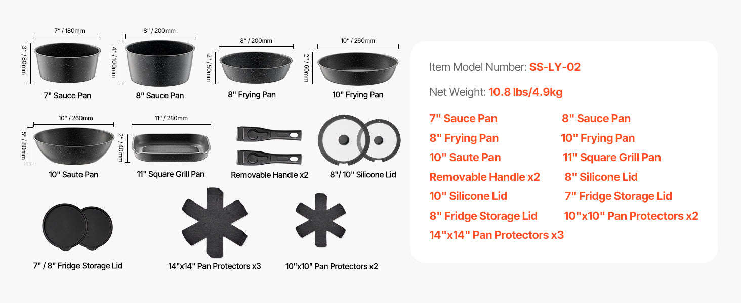 17-Piece Nonstick Cookware Set with Detachable Handles-1 set / CZECH REPUBLIC