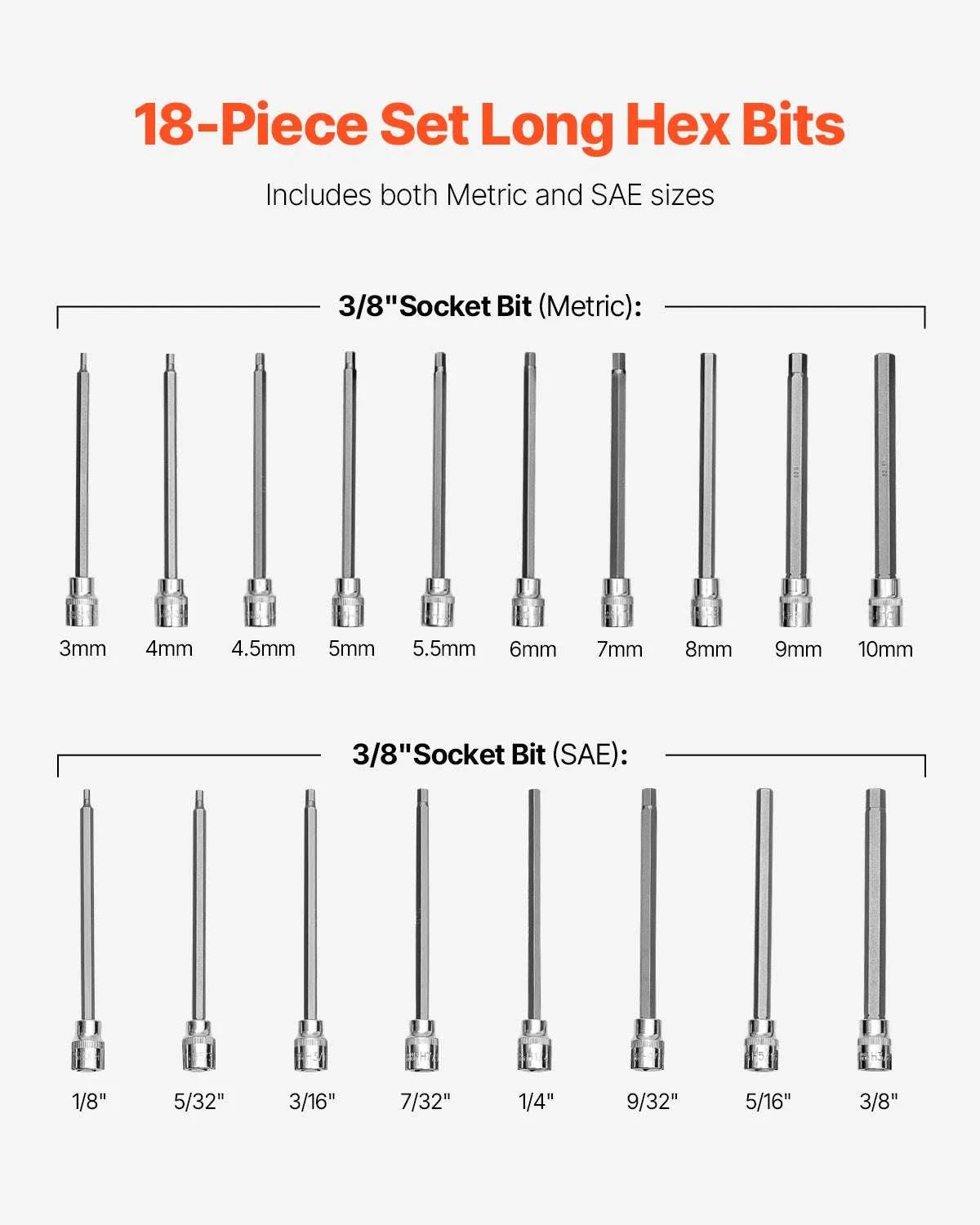 18-Piece Extra Long Allen Hex Bit Socket Set 3/8" Drive SAE Metric-HEX / United States