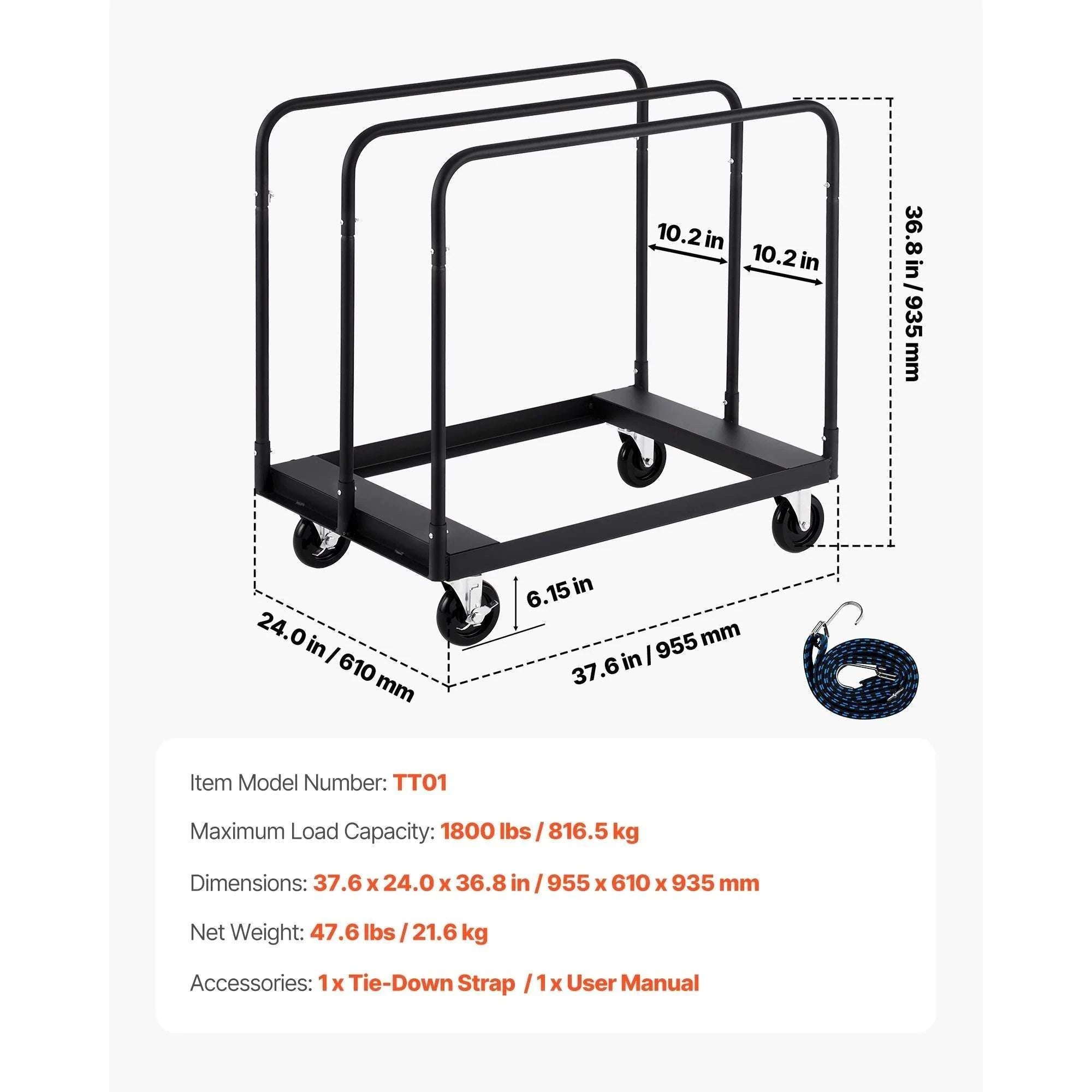 1800 lbs Drywall Panel Dolly Cart with Wheels & Tie-Down Strap-1500 LBS / Poland