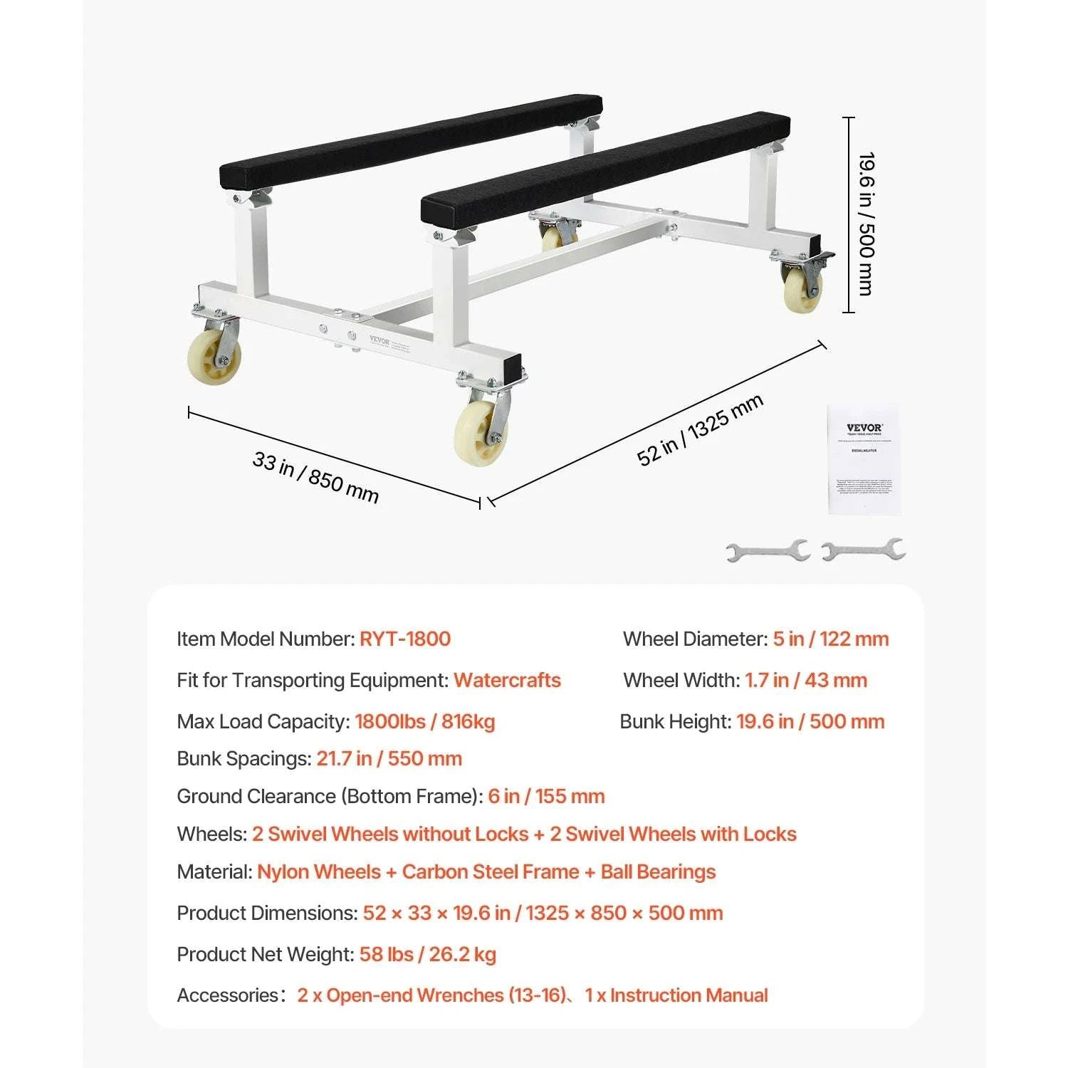 1800 lbs Jet Ski Dolly Cart with Wheels & Fixed Bunk Stand-18000 Lbs / CZECH REPUBLIC