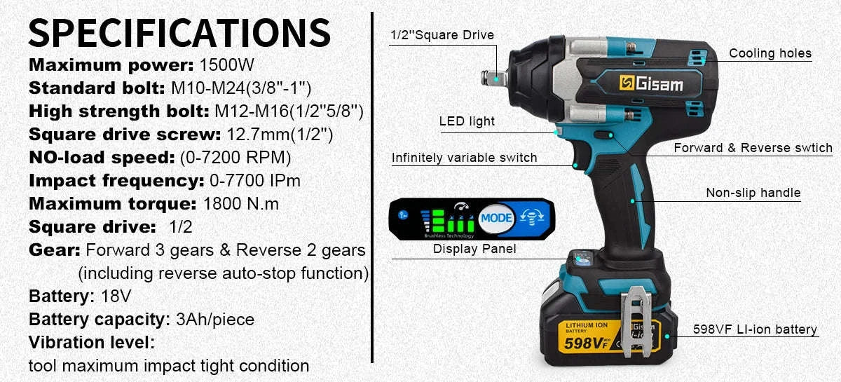 1800N.M Brushless Electric Impact Wrench for 18V Makita Batteries-2 Battery / GERMANY