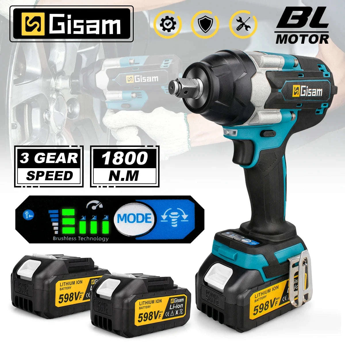 1800N.M Brushless Electric Impact Wrench for 18V Makita Batteries-2 Battery / GERMANY