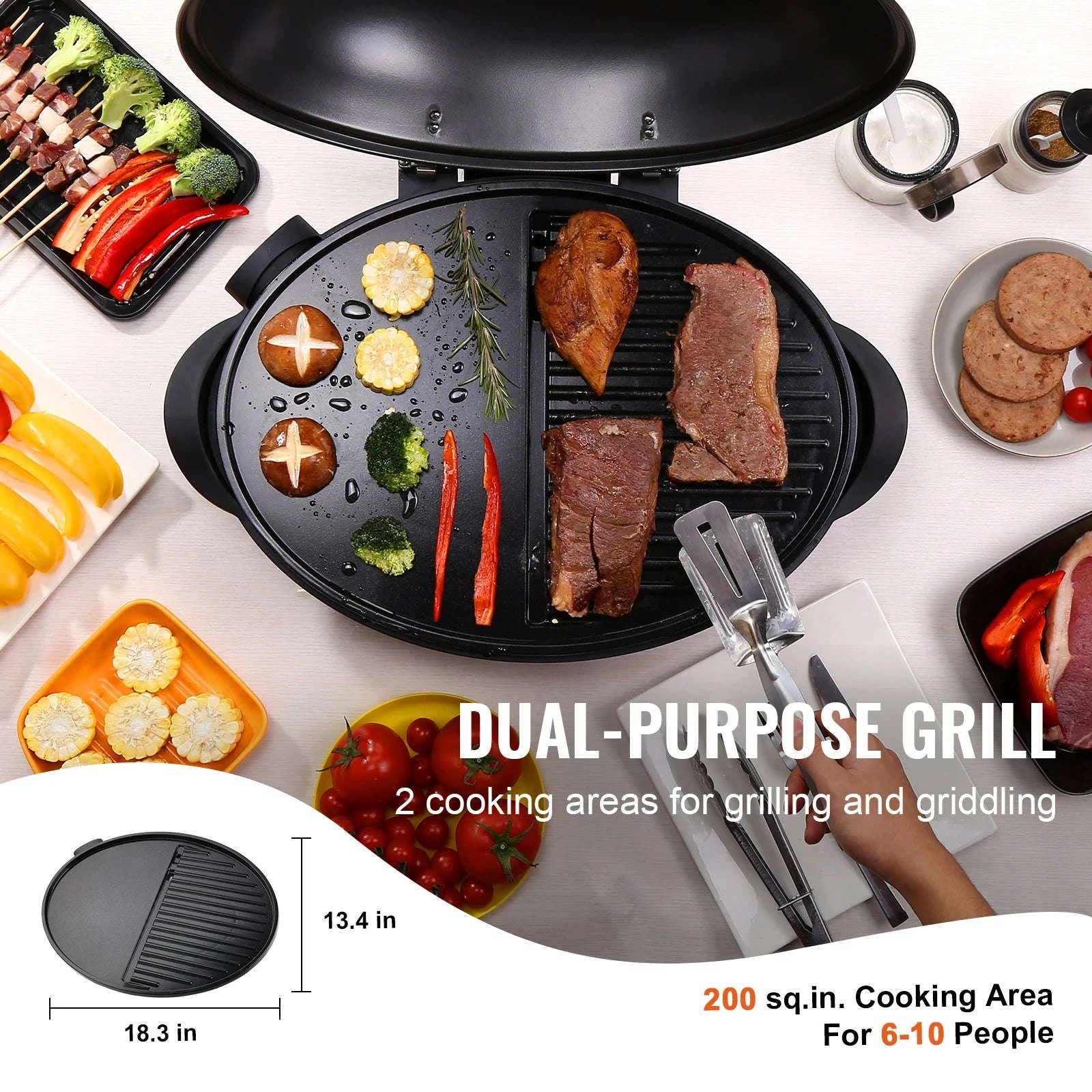 1800W Electric BBQ Grill with 2-Zone Surface for Indoor Outdoor Use-United States