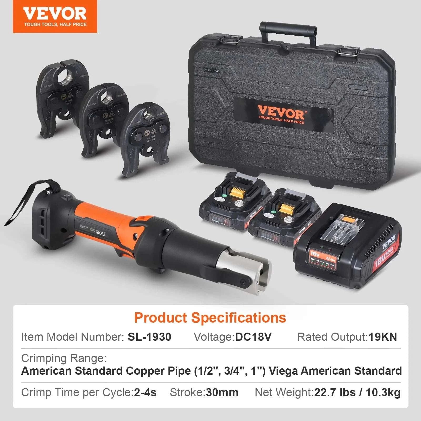 18V Cordless Pipe Crimping Tool Kit with 3 Jaws & 2 Batteries-SL-1930 / United States