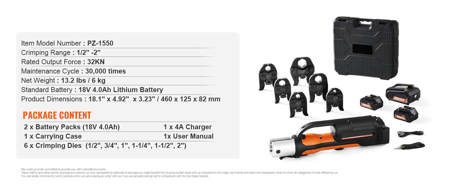 18V Electric Pipe Press Tool Kit with 6 Jaws, Dual Battery & Charger-United States