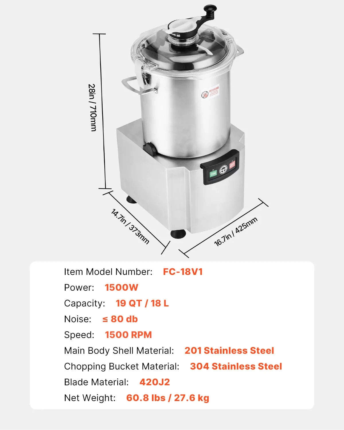19 Qt Stainless Steel Food Processor Vegetable Chopper-18L / United States