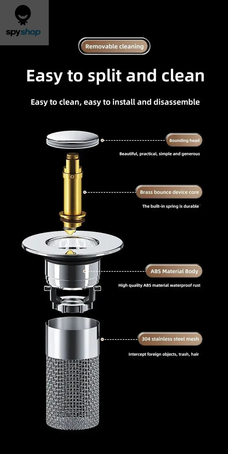 1PCS Washbasin Leak Plug, Stainless Steel Odor Proof Bouncing Core, Press Type Sink Drain, Universal Accessory for Washbasin Spy-shop.com