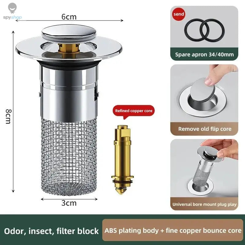 1PCS Washbasin Leak Plug, Stainless Steel Odor Proof Bouncing Core, Press Type Sink Drain, Universal Accessory for Washbasin Spy-shop.com