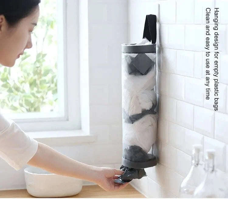 1pc Grey Sundries Bag Storage Wall Mount Mesh Plastic Bags Dispenser Hanging Reused Storage Pouch Trash Bags Kitchen Garbage Org-1PC Grey