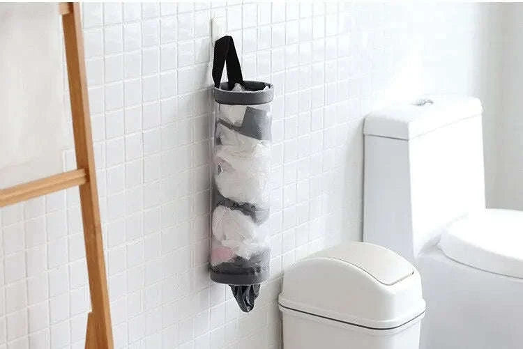 1pc Grey Sundries Bag Storage Wall Mount Mesh Plastic Bags Dispenser Hanging Reused Storage Pouch Trash Bags Kitchen Garbage Org-1PC Grey