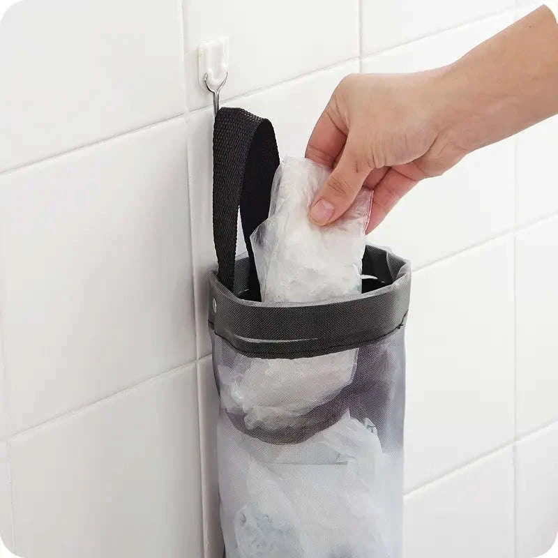 1pc Grey Sundries Bag Storage Wall Mount Mesh Plastic Bags Dispenser Hanging Reused Storage Pouch Trash Bags Kitchen Garbage Org-1PC Grey