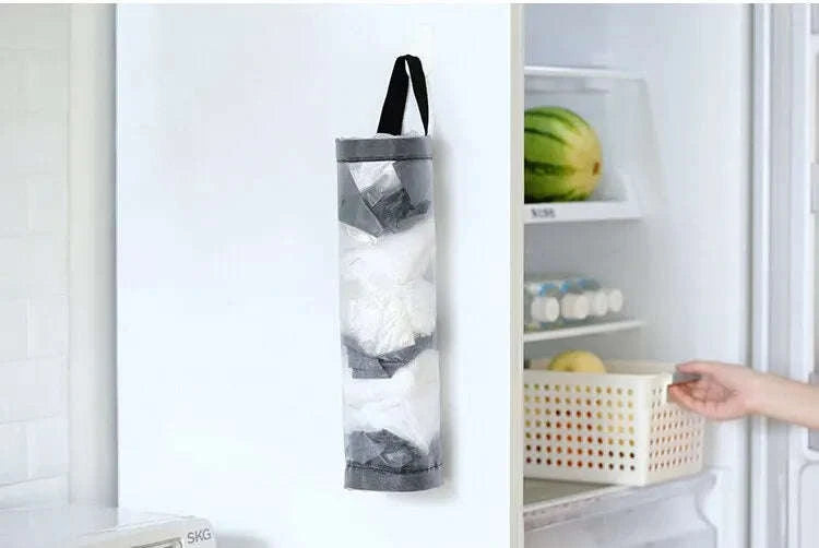 1pc Grey Sundries Bag Storage Wall Mount Mesh Plastic Bags Dispenser Hanging Reused Storage Pouch Trash Bags Kitchen Garbage Org-1PC Grey