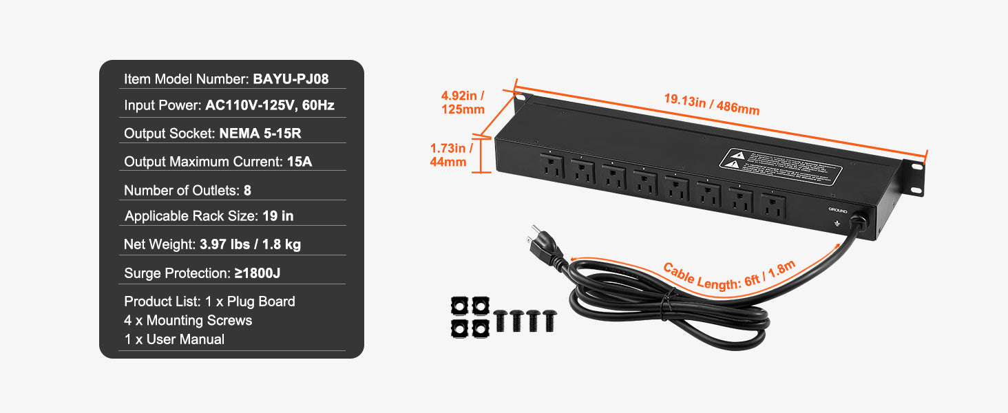 Multipresa PDU da 1U per montaggio a rack con 8/10/12 prese, protezione da sovratensioni 15A
