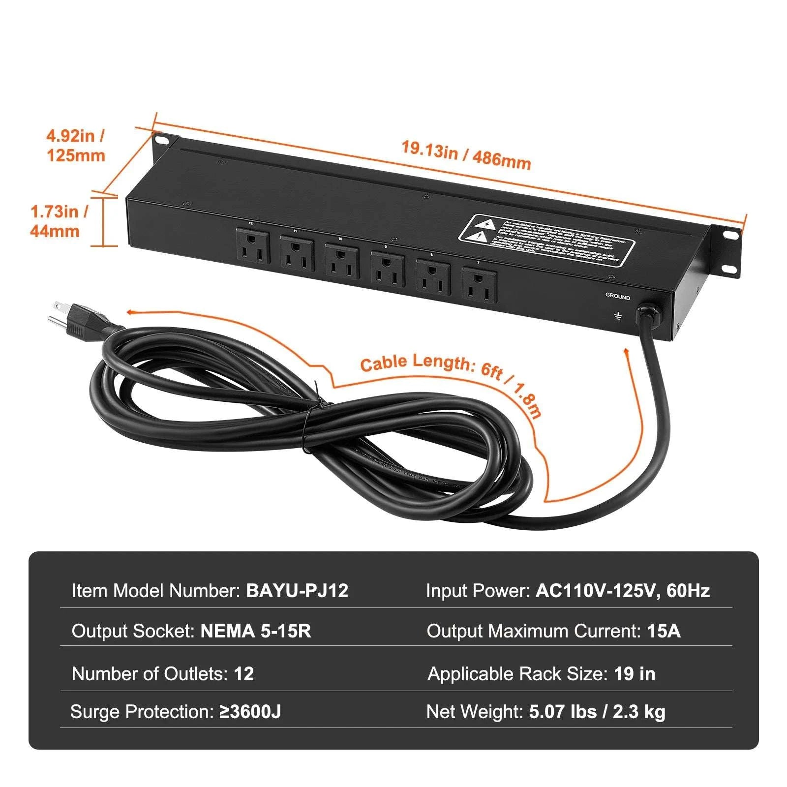 1U Rack Mount PDU Power Strip 8/10/12 Outlets 15A Surge Protected-Independent Switch10 / United States