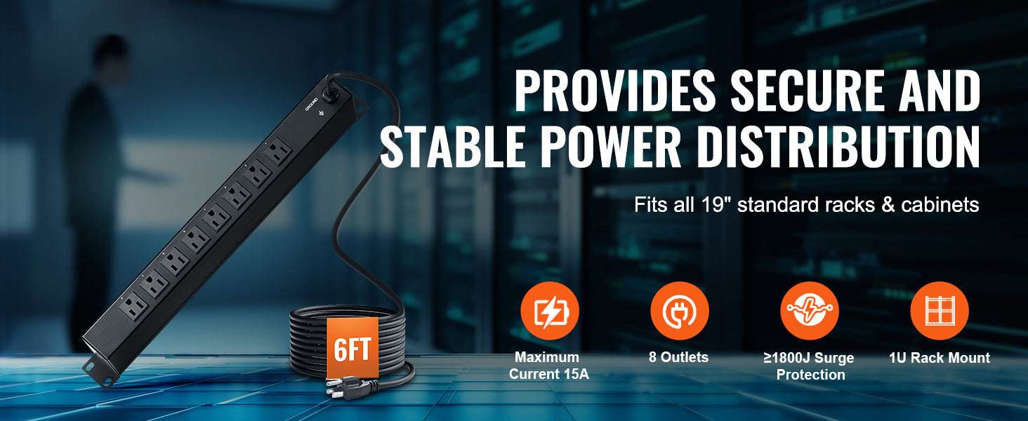 1U Rack Mount PDU Power Strip 8/10/12 Outlets 15A Surge Protected-Independent Switch10 / United States