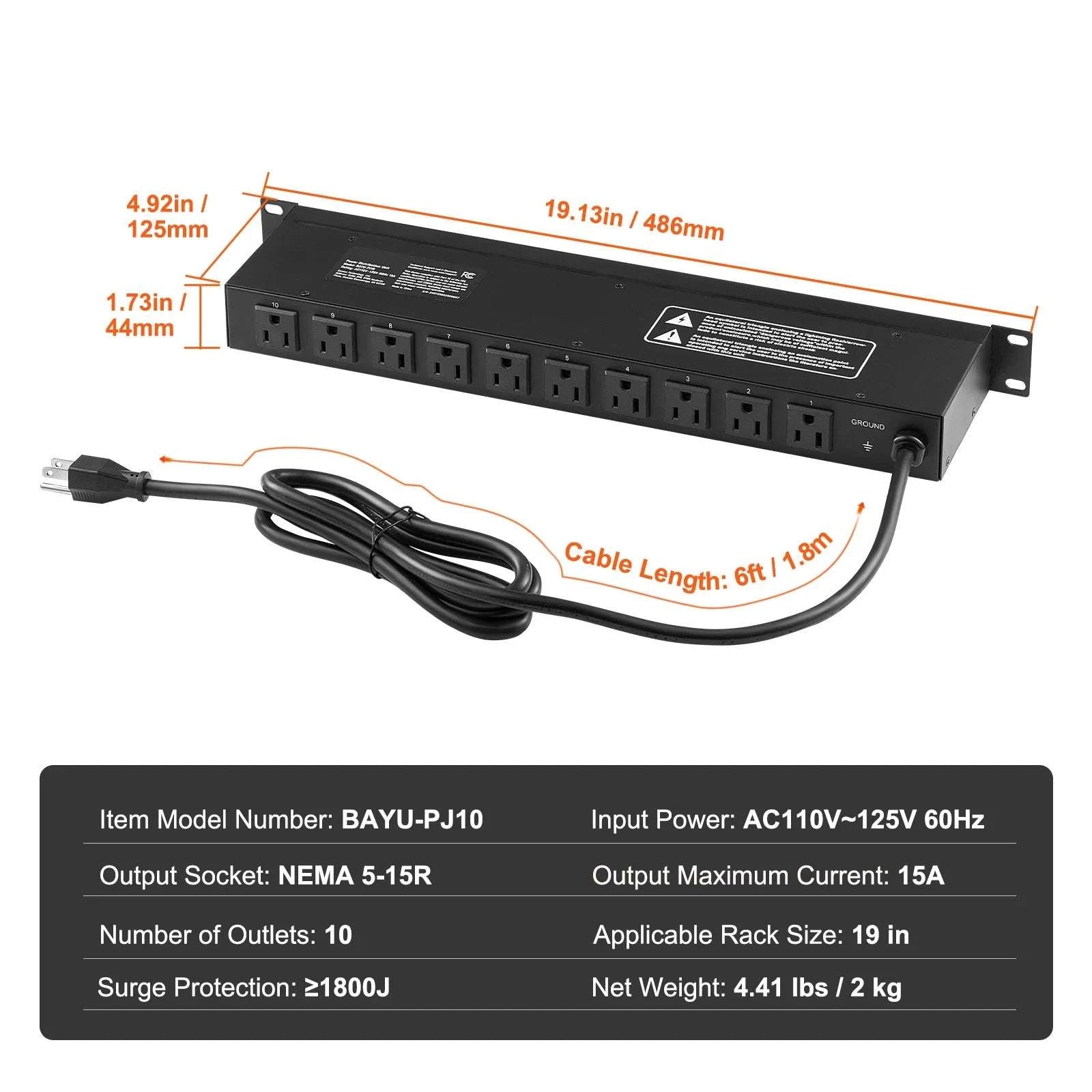 1U Rack Mount PDU Power Strip 8/10/12 Outlets 15A Surge Protected-Independent Switch10 / United States
