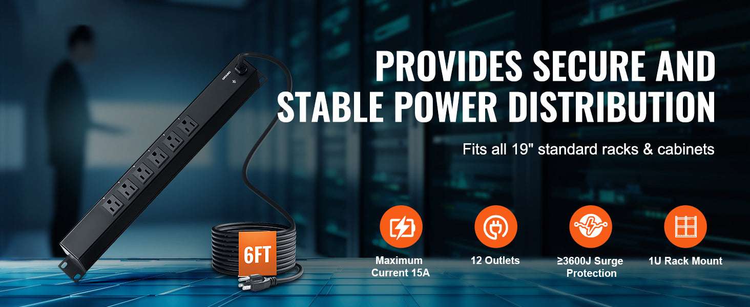 1U Rack Mount PDU Power Strip 8/10/12 Outlets 15A Surge Protected-Independent Switch10 / United States