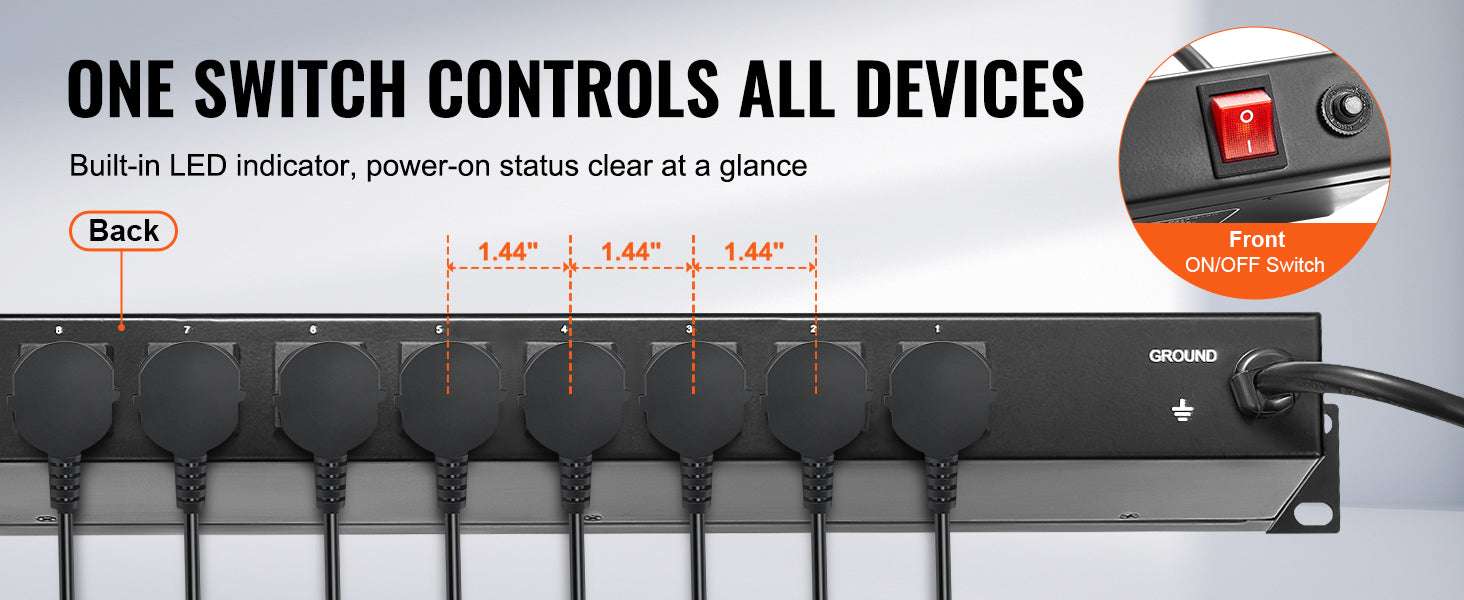 1U Rack Mount PDU Power Strip 8/10/12 Outlets 15A Surge Protected-Independent Switch10 / United States