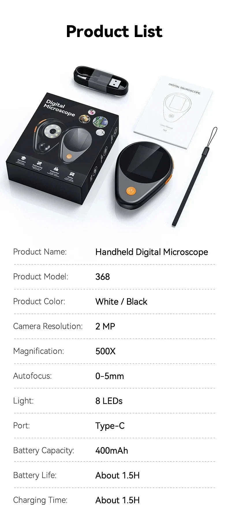 2.0 Inch 500X Digital Microscope with 1080P Video-Auto Focus Black / China Mainland