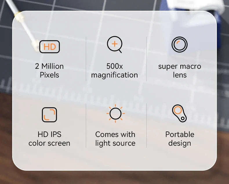 2.0-inch 500X Digital Microscope with Magnifying Glass & 8 LEDs-Auto Focus Black