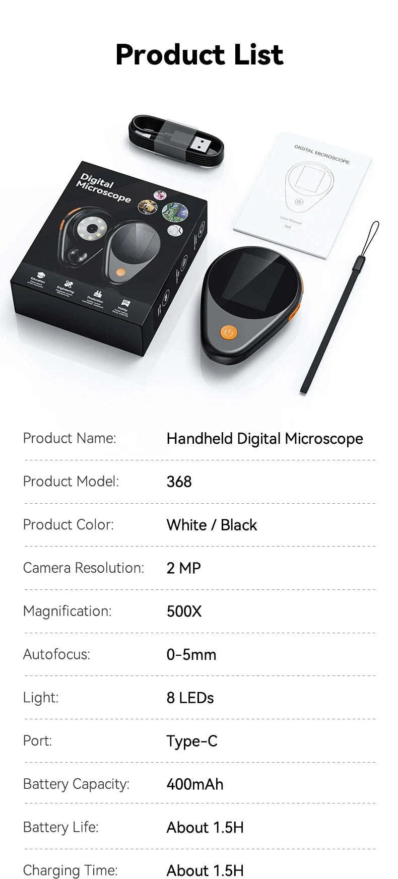 2.0-inch 500X Digital Microscope with Magnifying Glass & 8 LEDs-Auto Focus Black