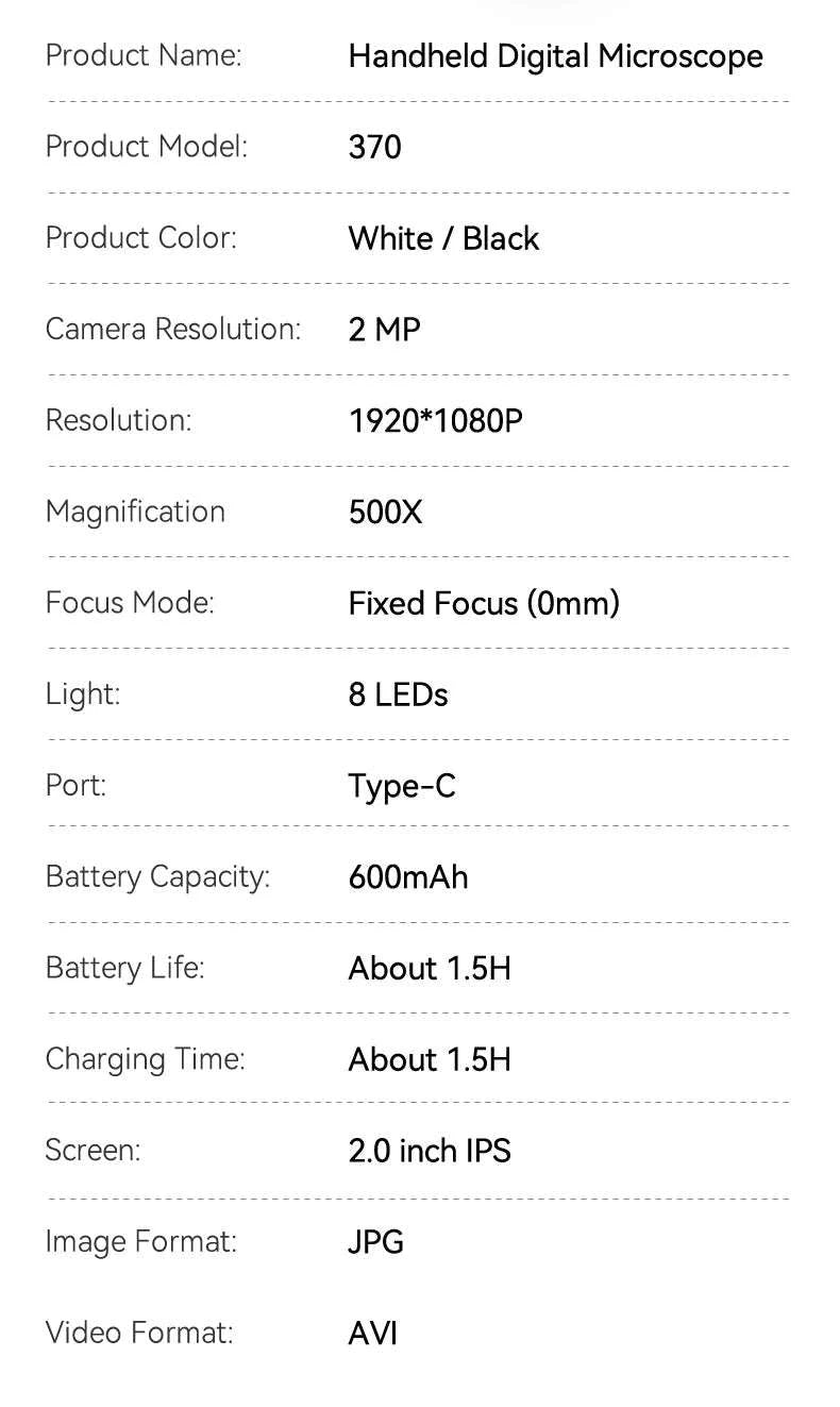 2.0-inch 500X Digital Microscope with Magnifying Glass & 8 LEDs-Auto Focus Black