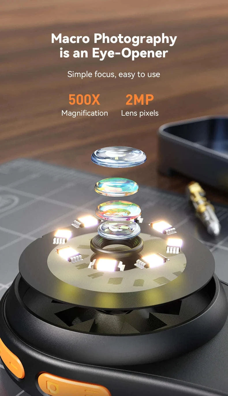 2.0-inch 500X Digital Microscope with Magnifying Glass & 8 LEDs-Auto Focus Black