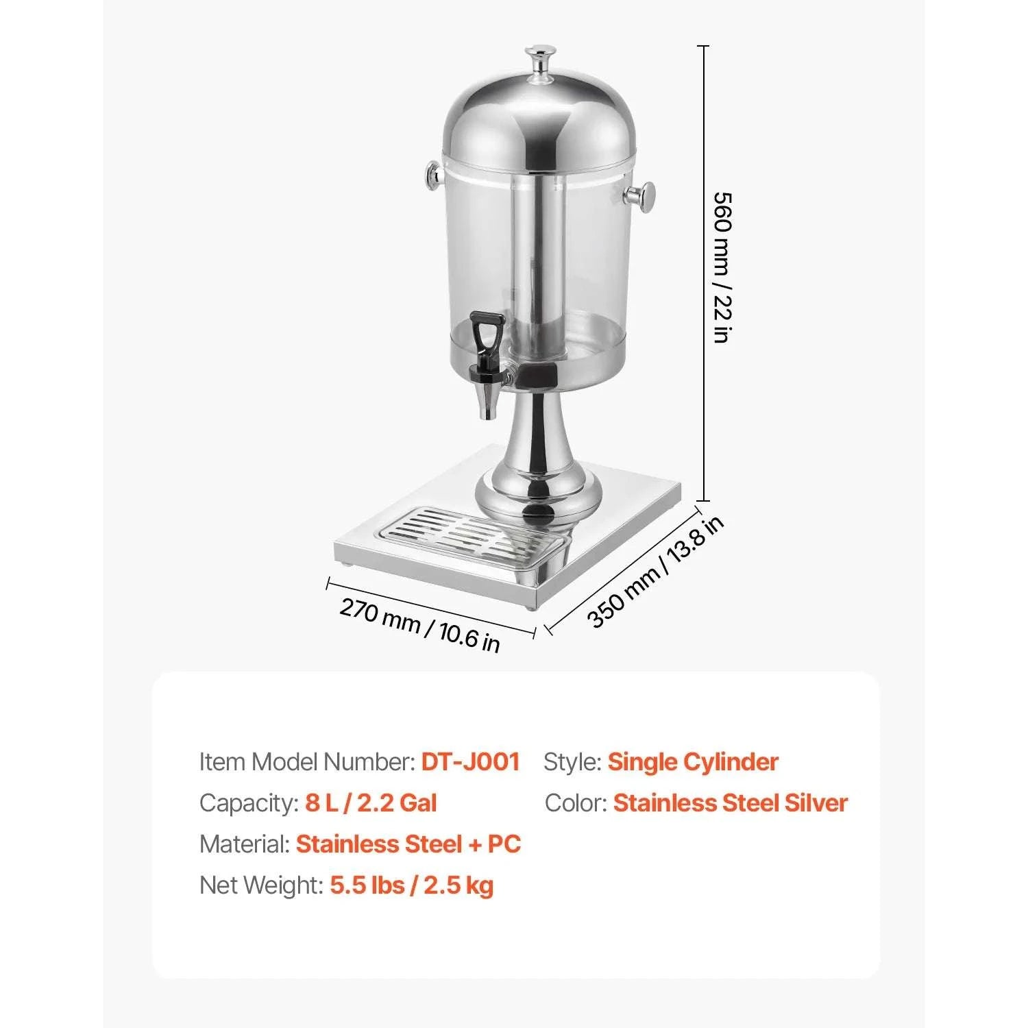 2.1 Gallon Beverage Dispenser with Spigot and Ice Chamber-2.2gal 8L Single / United States