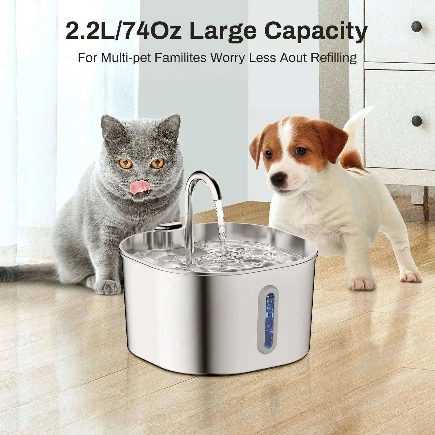 2.2L Stainless Steel Automatic Cat Water Fountain-2.2L-4Filters-Sensor / L / 2L