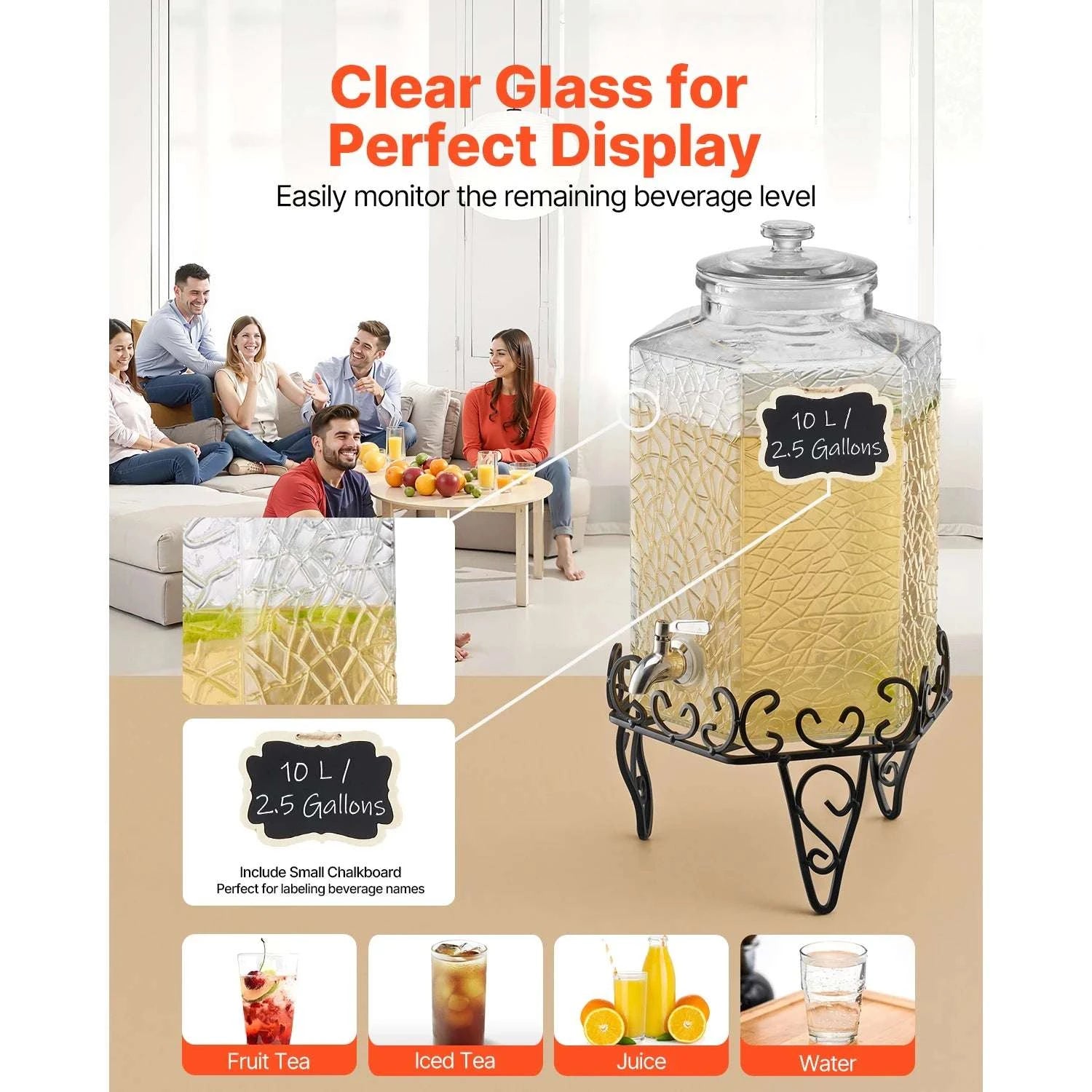 2.5 Gallon Glass Beverage Dispenser with Stand & Leak-Proof Spigot-2.5 gal / United States