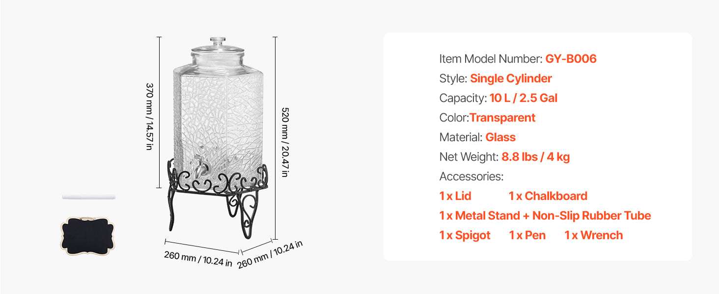 2.5 Gallon Glass Beverage Dispenser with Stand & Leak-Proof Spigot-2.5 gal / United States