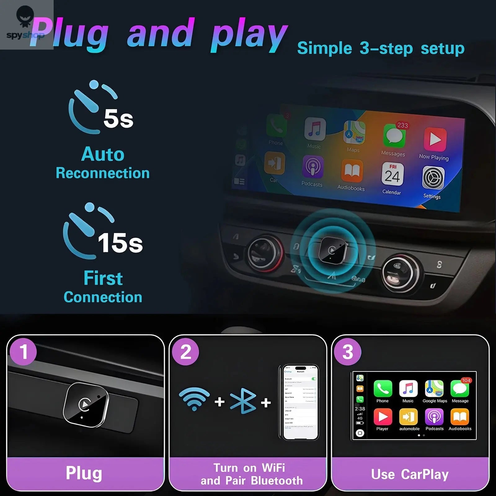 2 IN 1 Wireless Carplay Adapter, Converts Wired to Wireless carplay Adapter for iPhone, Wireless Control Plug & Play Carplay