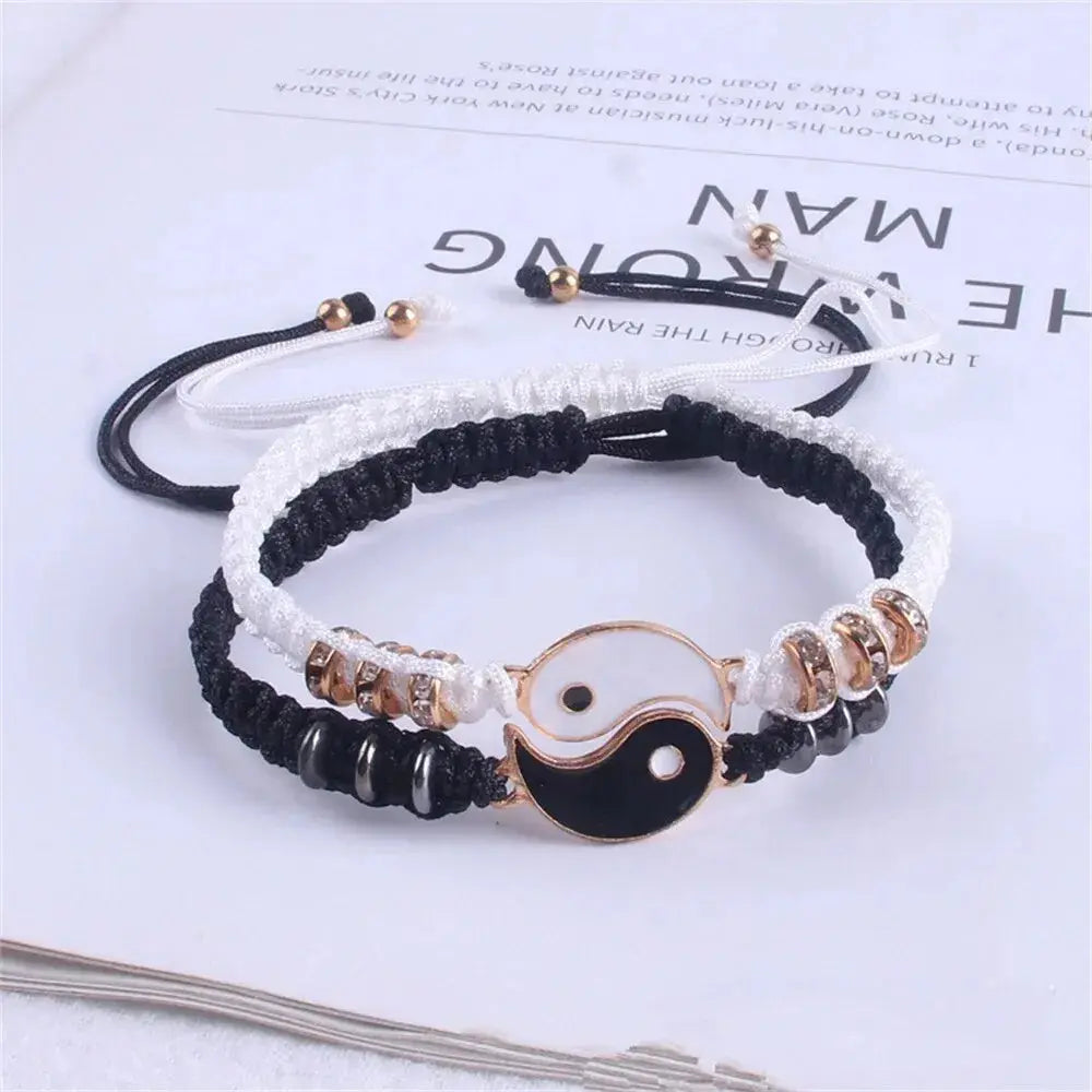 2 PC Jewelry Set Couple Black White Tai Chi Bracelet Rope Adjustable Chain Set Simple Style Daily Wear Jewelry