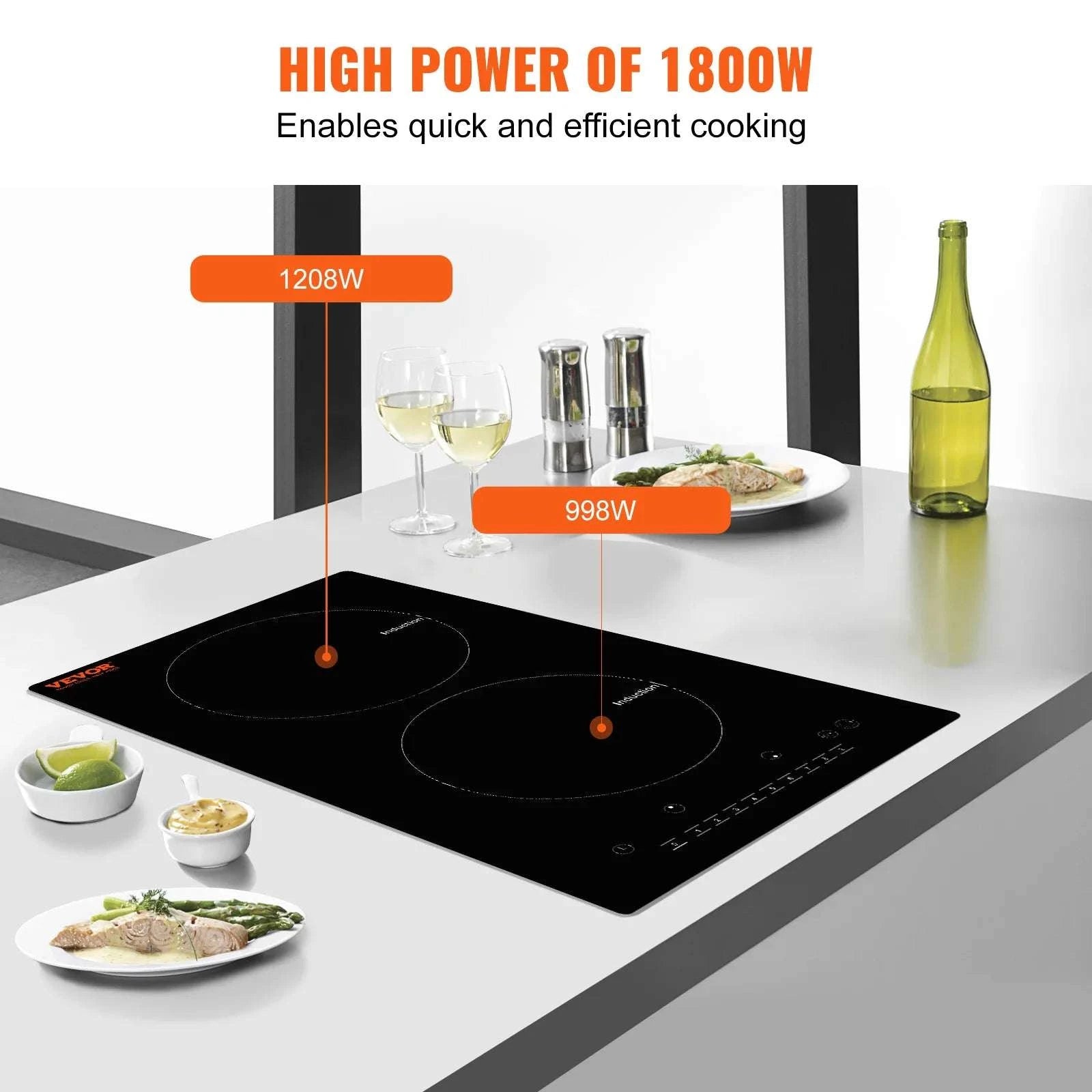 2 Burner Induction Cooktop with Touch Control and Built-In Design-24inch 1800W / United States