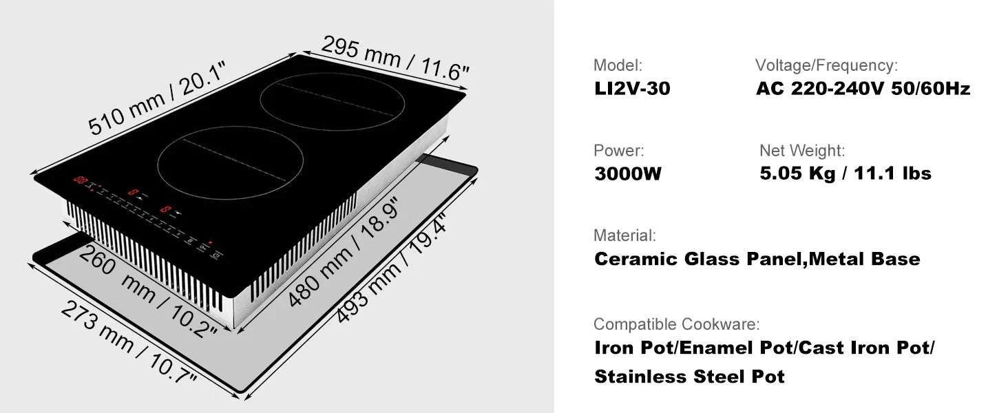 2 Burner Induction Cooktop with Touch Control and Built-In Design-24inch 1800W / United States