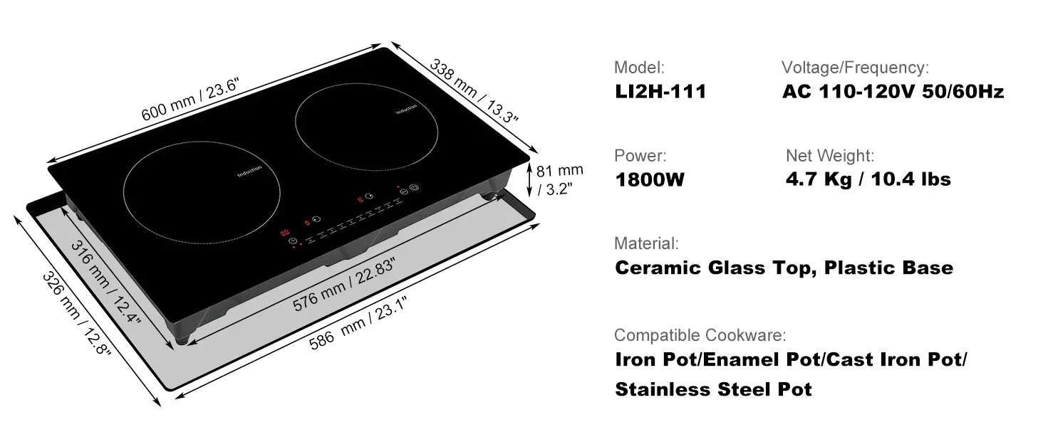 2 Burner Induction Cooktop with Touch Control and Safety Features-24inch 1800W / United States
