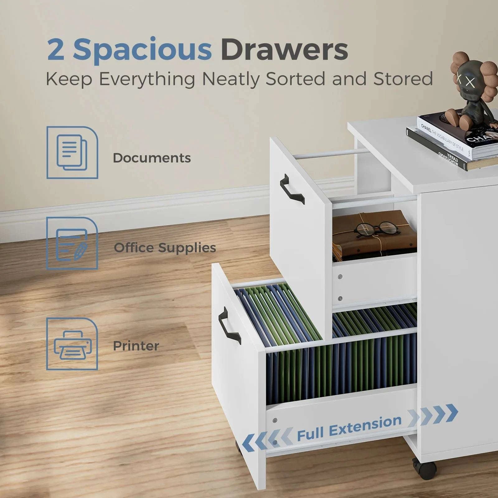 2-Drawer Rolling File Cabinet with Lockable Wheels for Home Office-WHITE / United States