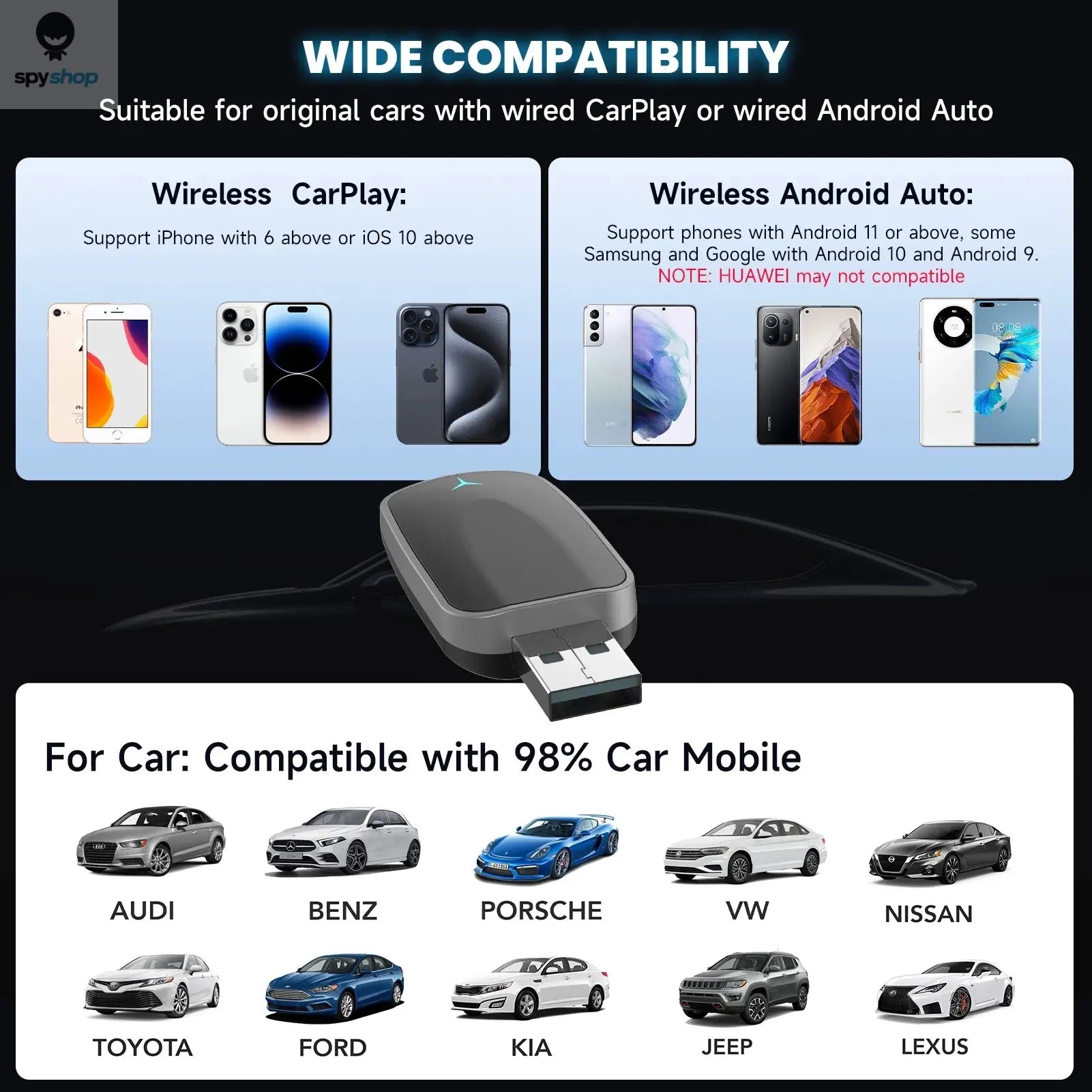 2-in-1 Wired to Wireless CarPlay Adapter & Android Auto Wireless Adapter Plug & Play Spy-shop.com