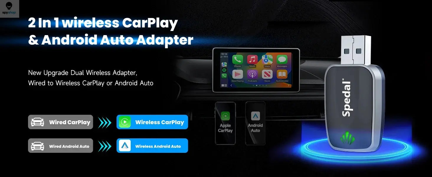 2-in-1 Wired to Wireless CarPlay Adapter & Android Auto Wireless Adapter Plug & Play Spy-shop.com