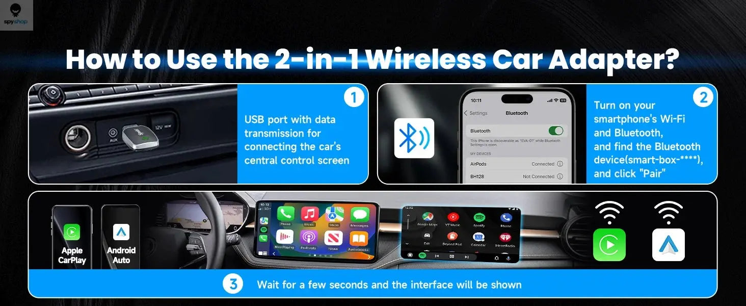 2-in-1 Wired to Wireless CarPlay Adapter & Android Auto Wireless Adapter Plug & Play Spy-shop.com