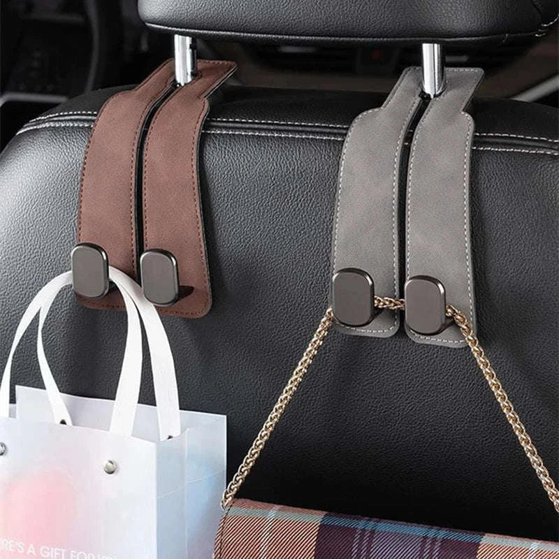 2-in-1 Car Headrest Hook with Premium Leather Design-Black